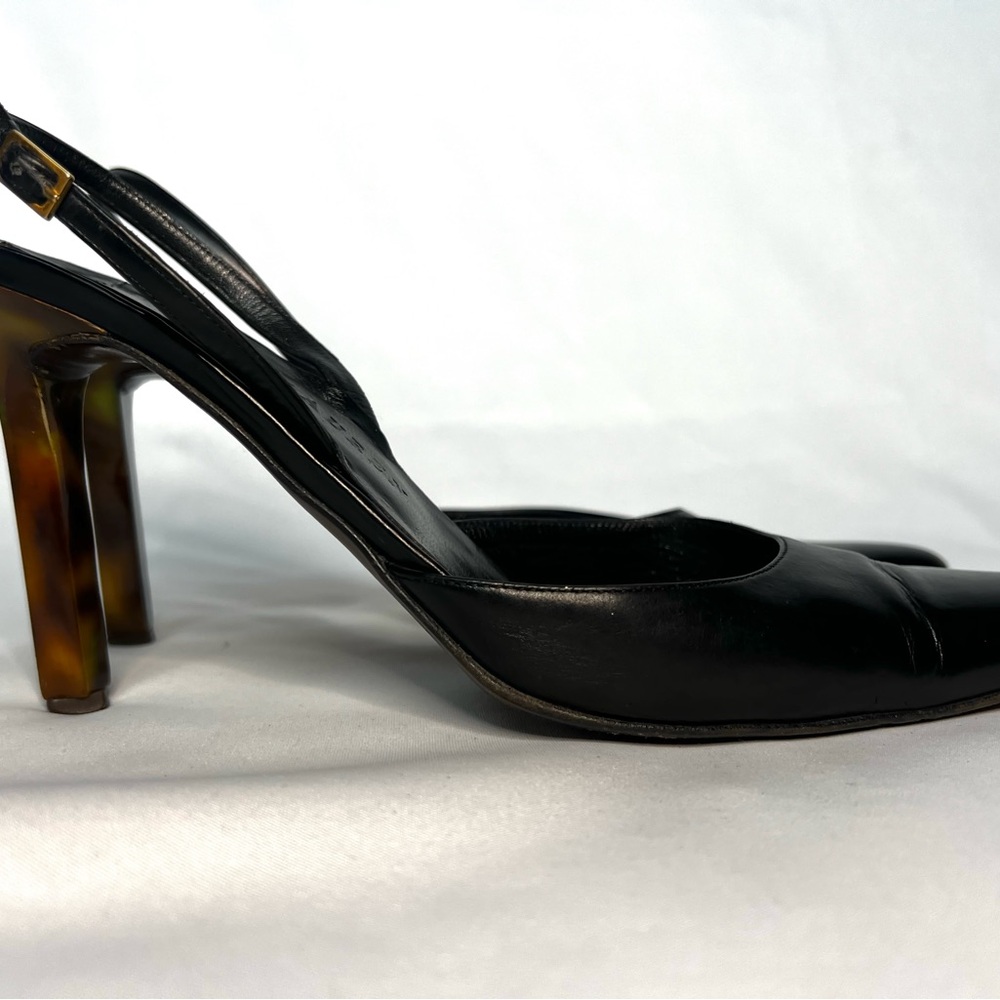 Ralph Lauren Collection Slingback Heels Black Leather Tortoise Heel Made Italy 8